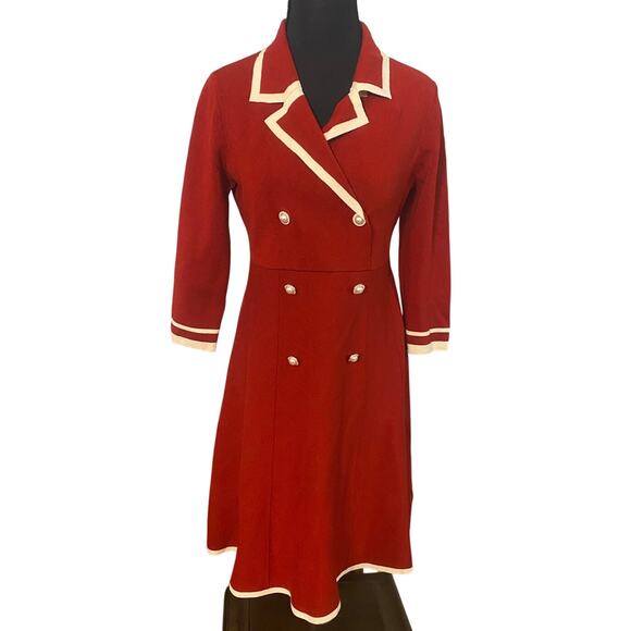 Goelia Red Knit Double Breasted Dress NWT M US6 Cream Trim Retro Mod Holiday - Picture 1 of 10